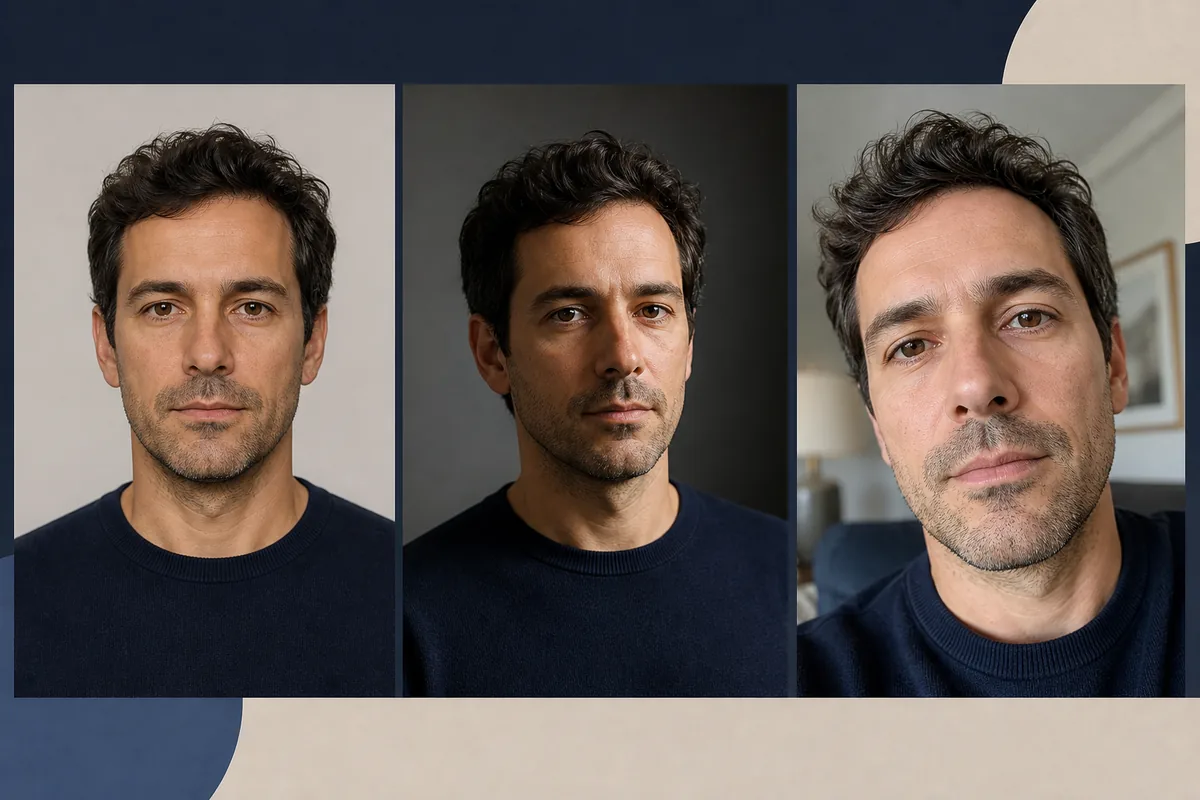 Three similar portraits compared for lighting, framing, and AI attractiveness feedback
