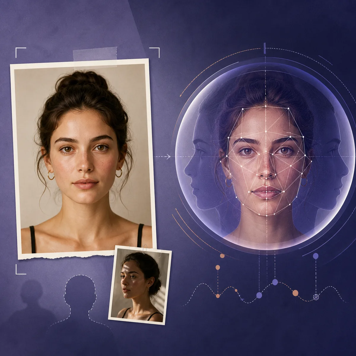 Editorial illustration of an AI face-rating result being interpreted with photo context