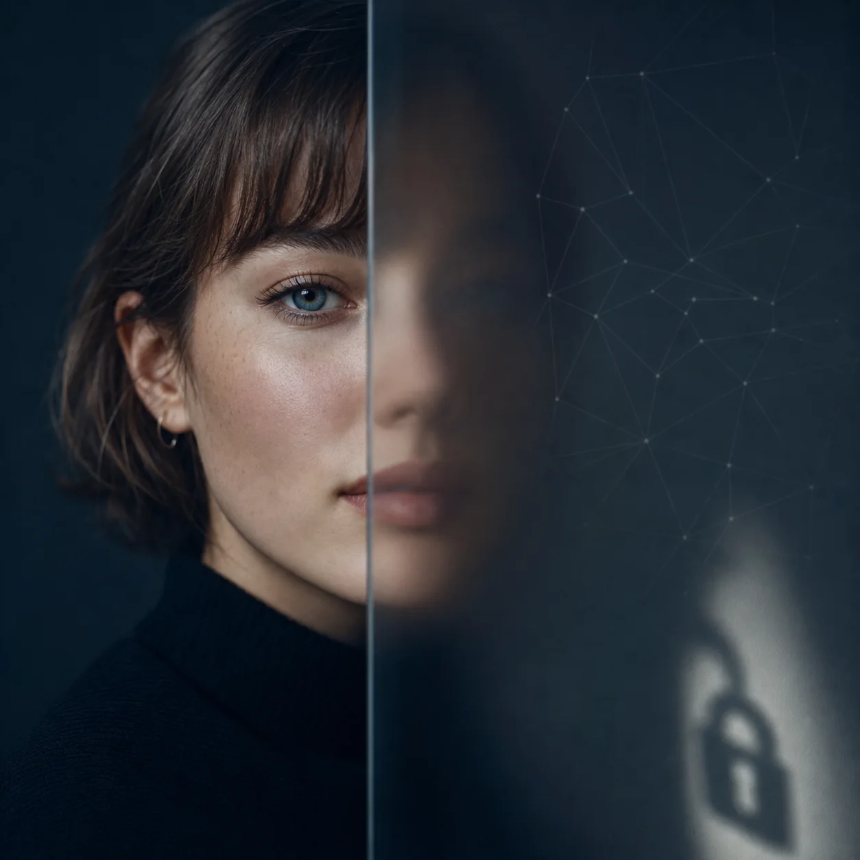 A portrait partly covered by a translucent privacy shield with abstract AI facial landmark lines