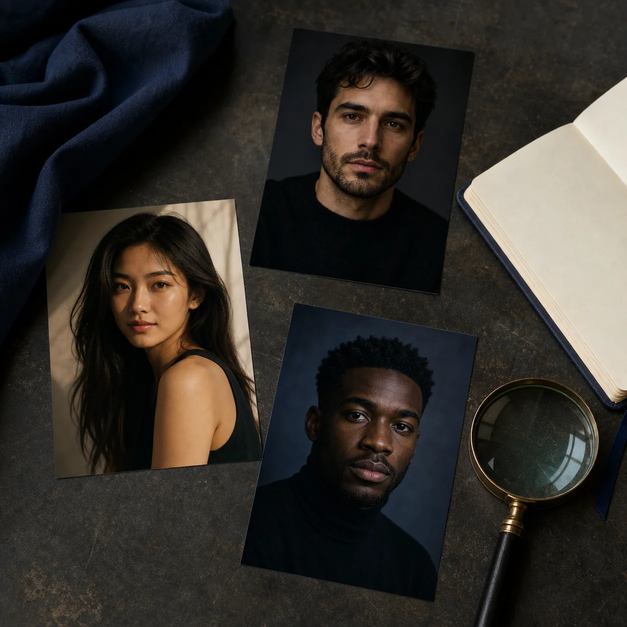 Three portrait photographs arranged for comparing lighting, framing, and AI face-rating feedback
