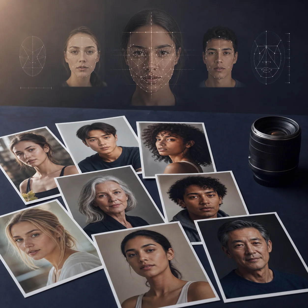 Portrait photos and facial landmark patterns arranged for an AI attractiveness test comparison guide
