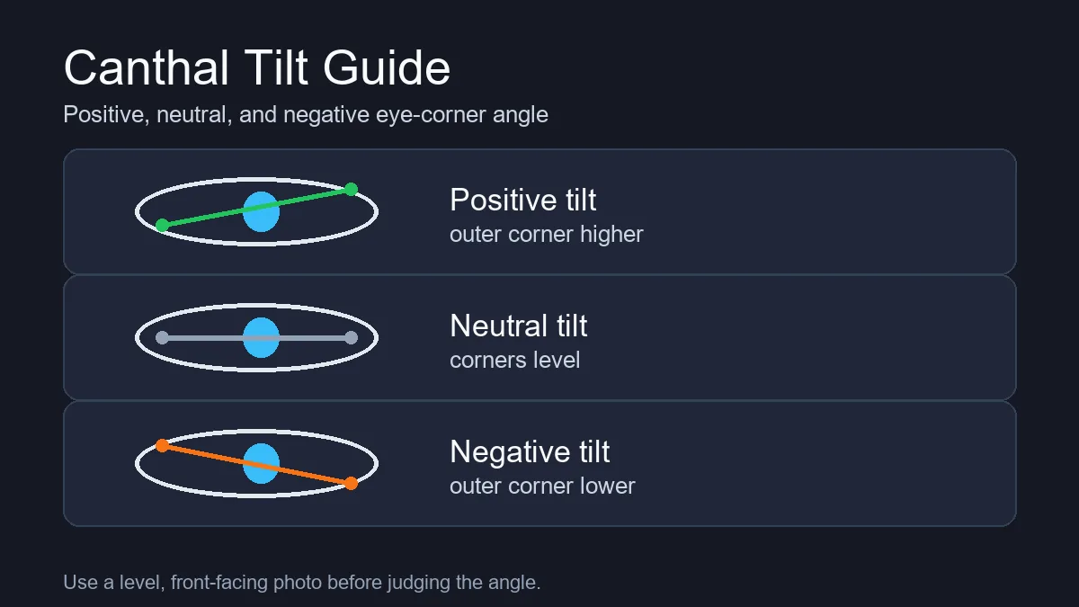 Diagram explaining positive, neutral, and negative canthal tilt in face analysis