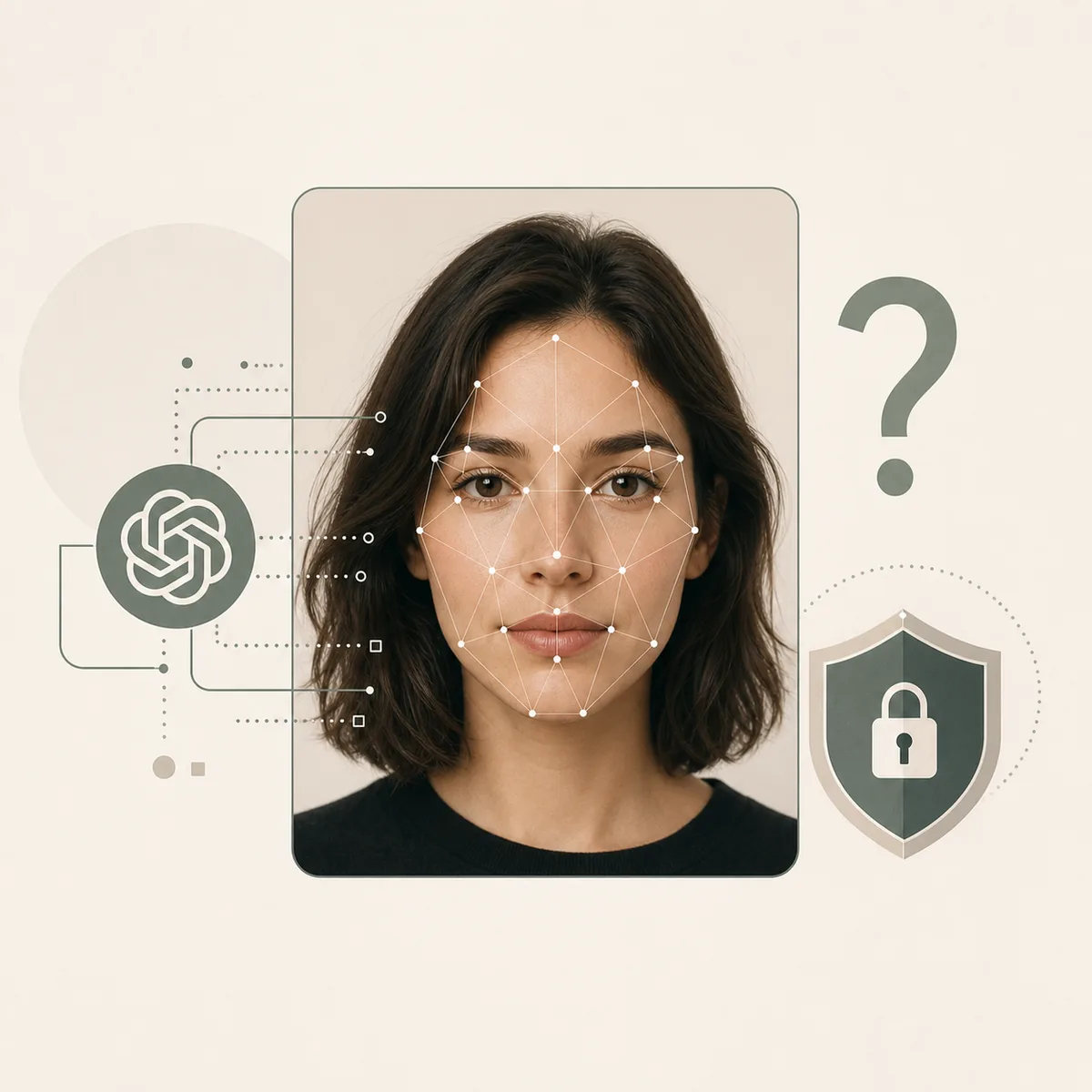 Ilustración editorial de un test de atractivo con ChatGPT, puntos faciales y escudo de privacidad