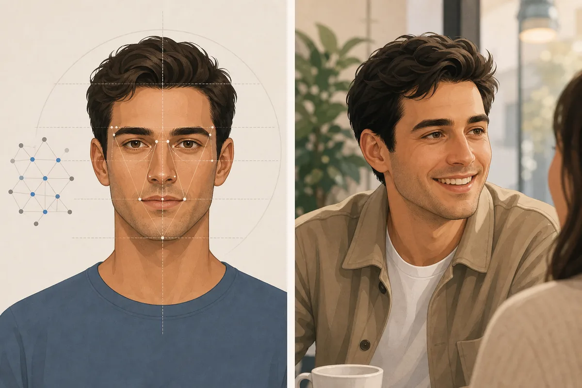 Illustration éditoriale comparant des repères faciaux sur un portrait neutre et une interaction sociale expressive
