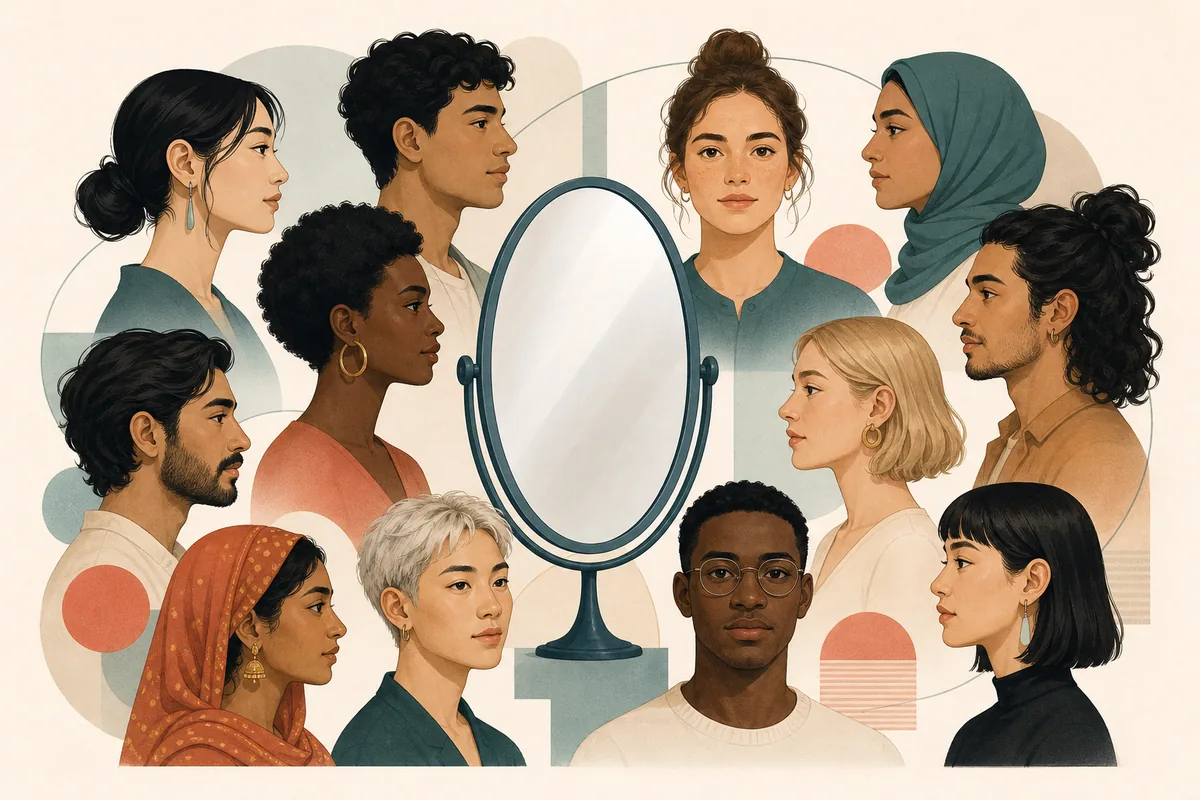 Plusieurs visages illustrés et diversifiés entourent un miroir neutre, montrant que l'attractivité conventionnelle dépend du contexte