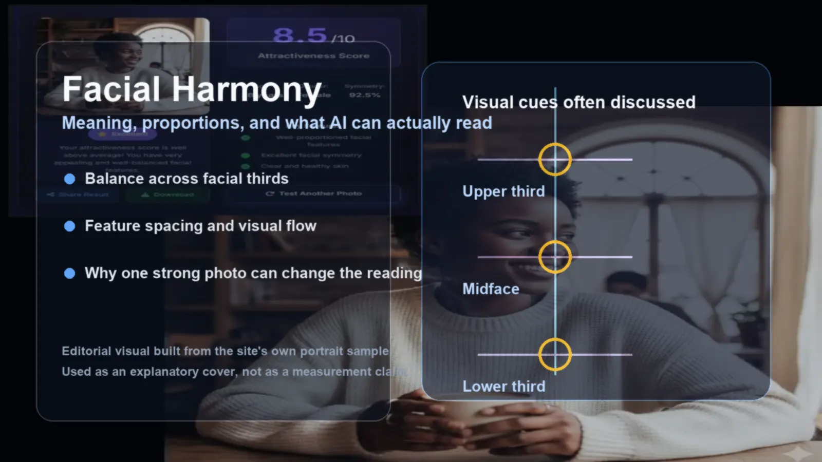Visual editorial sobre harmonia facial com tercos do rosto e pistas de equilibrio