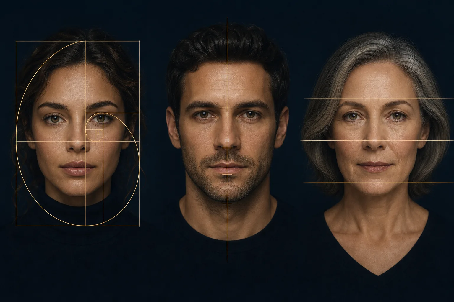 Drei Porträts zum Vergleich von goldenem Schnitt, Symmetrie und Gesichtsdritteln