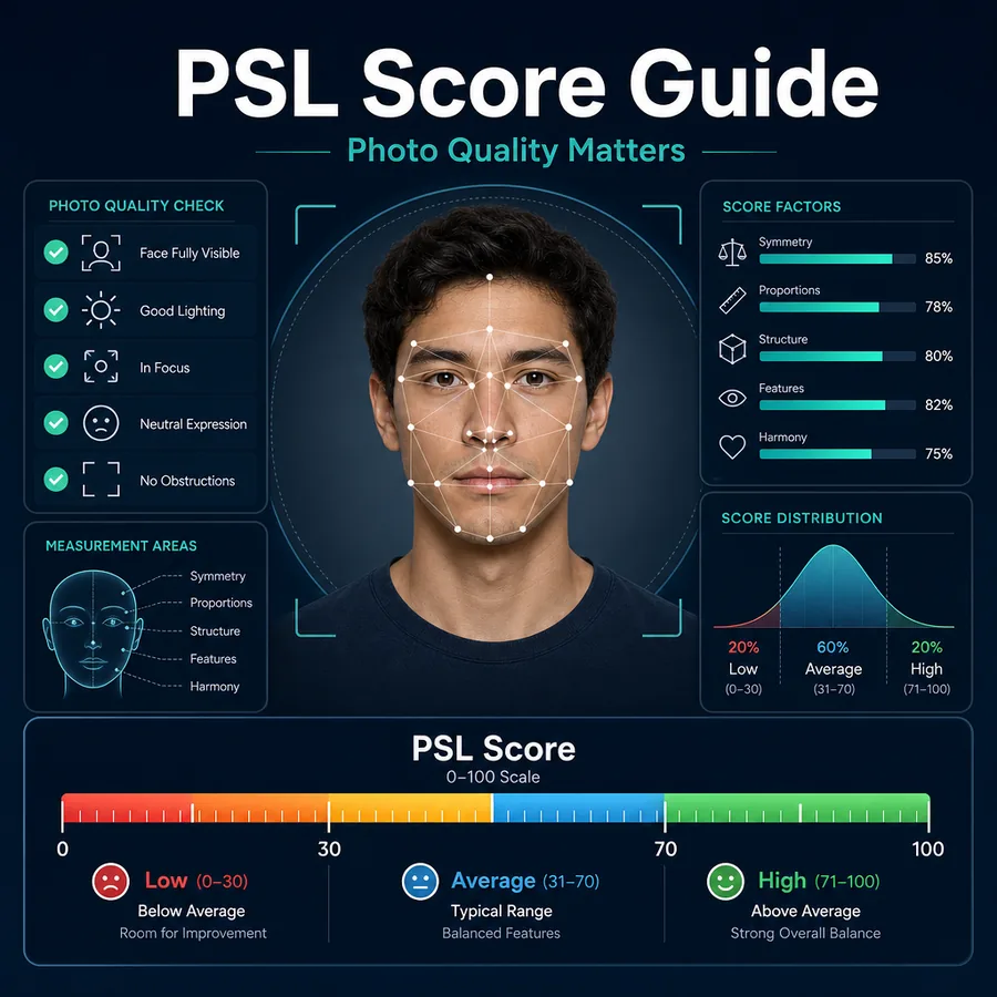 Infografía de guía de puntaje PSL con una escala de calificación facial y análisis de puntos del rostro